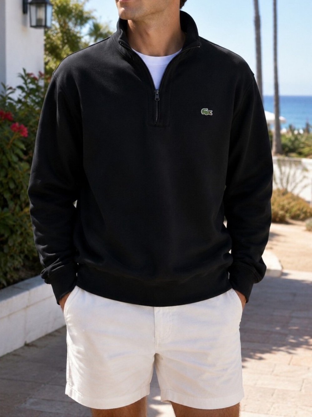 Lacoste Black 1/4 Zip Pullover Sweatshirt 100% Cotton Green Crocodile size 6